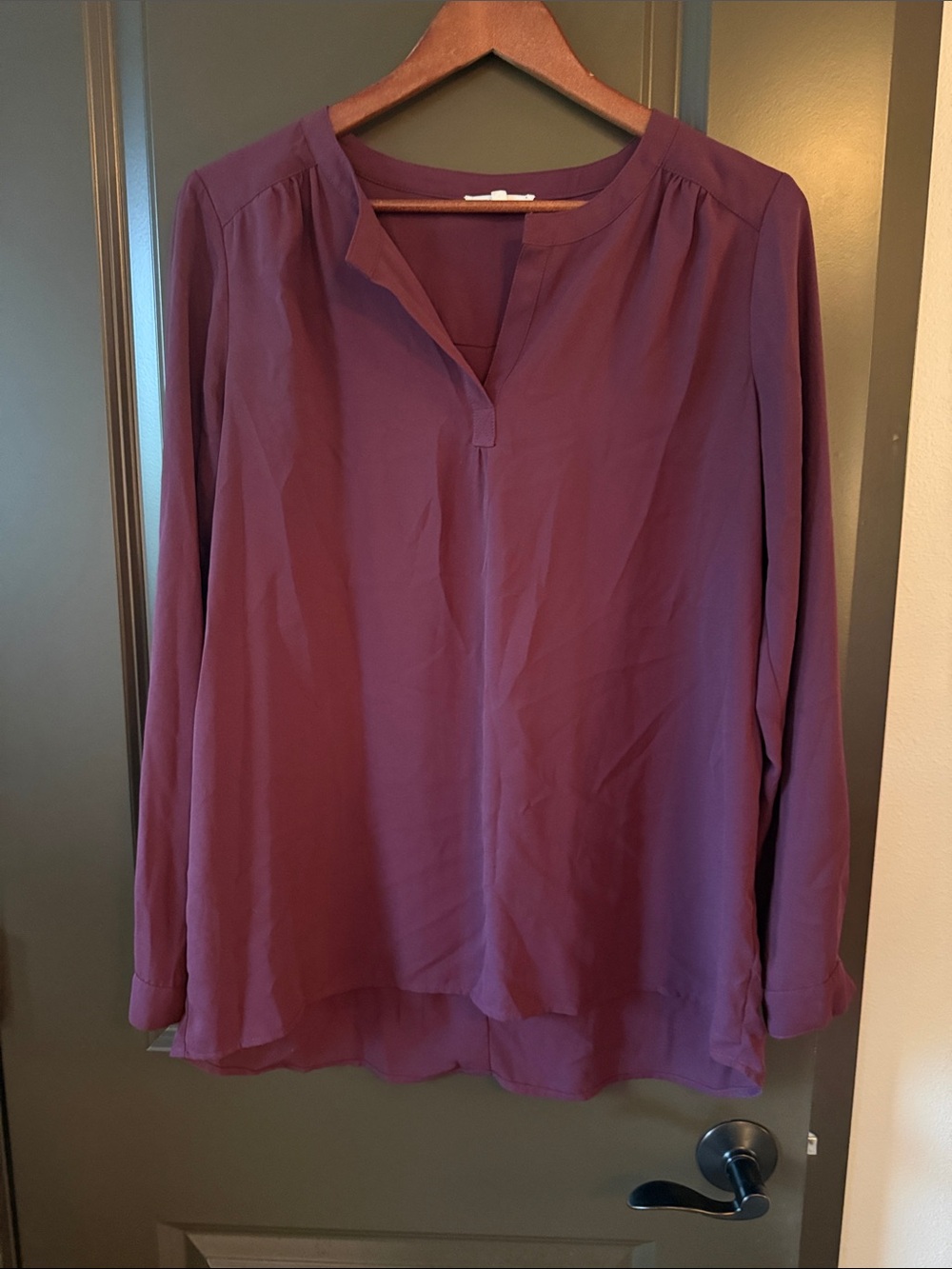 Pleione Deep Plum Split-Neck Long Sleeve Blouse